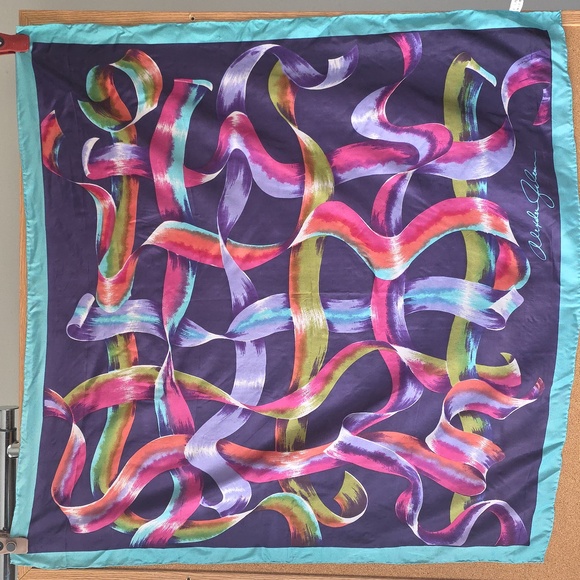 Alvilda Galan Pure Silk Scarf  Abstract Ribbon Art Print  Multicolor 34” Square - Picture 5 of 10